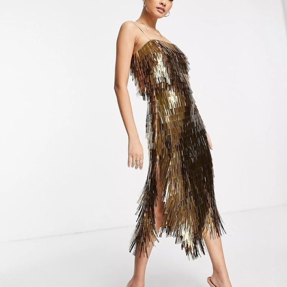 ASOS- Sold Out- Shard Detail Gold Metallic Midi Dress - Picture 4 of 8